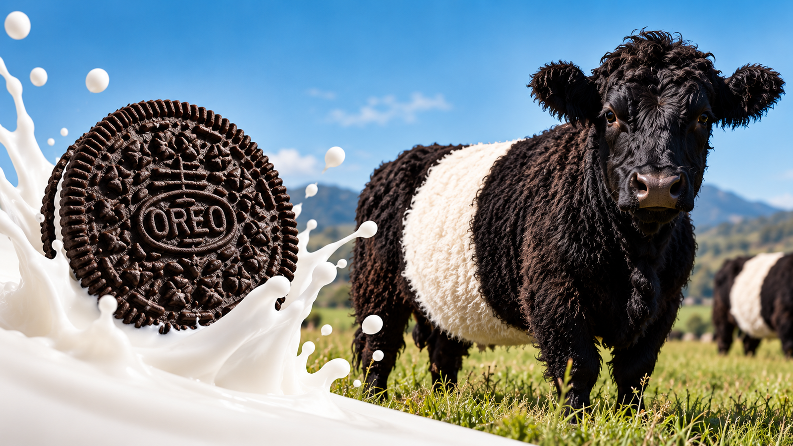 Oreo cookie beside a black-and-white Belted Galloway cow in a pasture for the Oreo Cows marketing campaign.