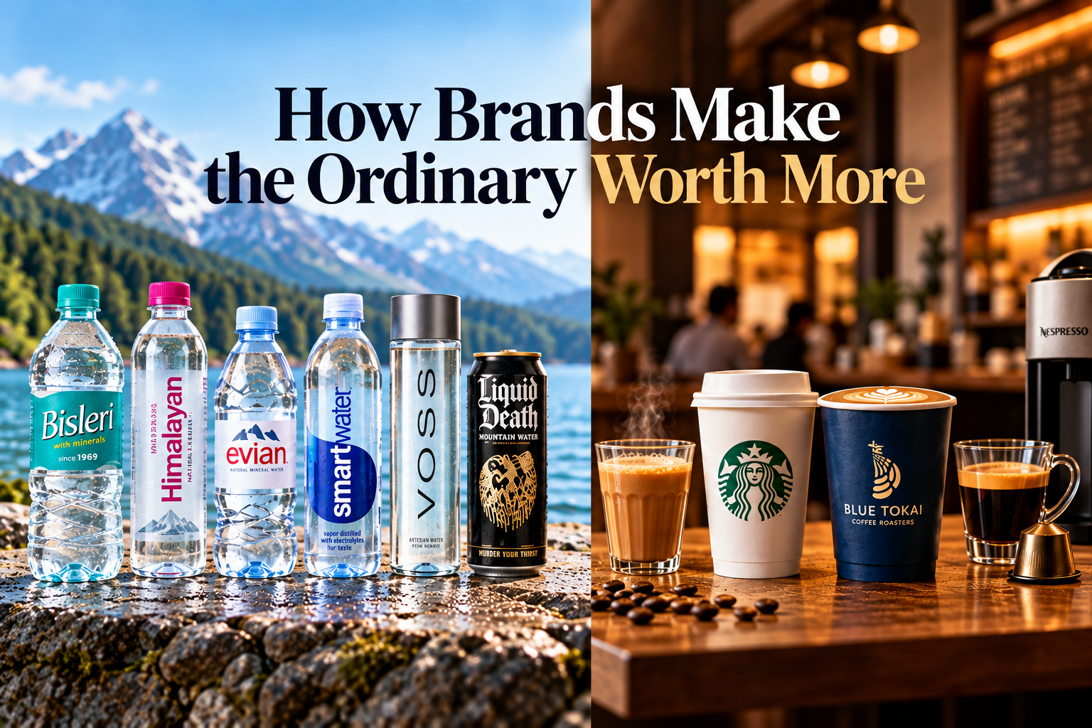 Bottled water and coffee brands illustrating how branding creates differentiation and perceived value.
